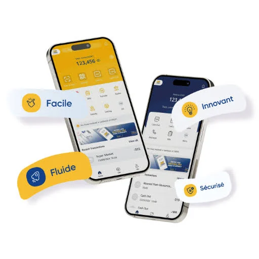Deux écrans de l’application D-Money, entourés des mots Facile, Fluide, Innovant et Sécurisé.